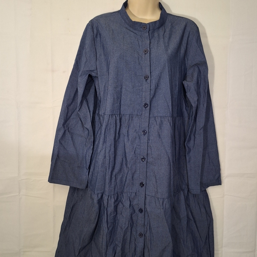 Blue Tiered Long Sleeve Mock Neck Dress